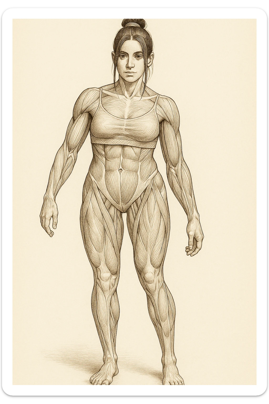Anatomical style illustration inspired by the photo showing one leg visibly smaller and less hypertrophic than the other, highlighting the muscular difference between the legs, anatomical style, variant 1. sticker