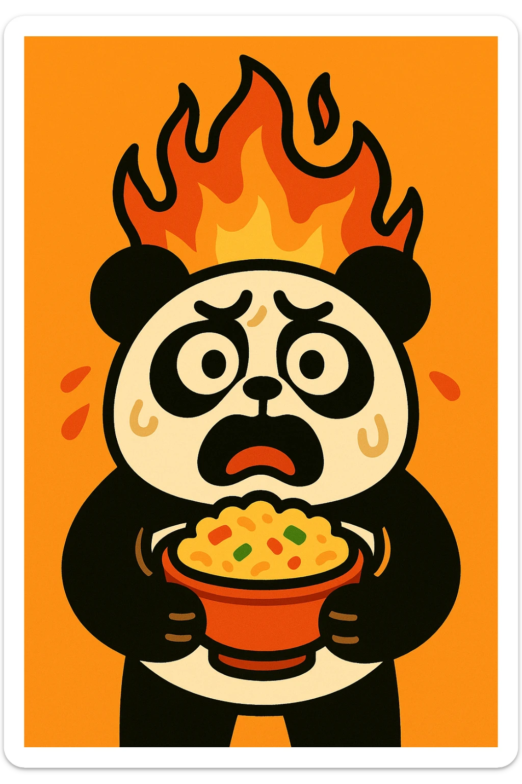 a distressed panda on fire clutching a bowl of food in a bold illustration style sticker