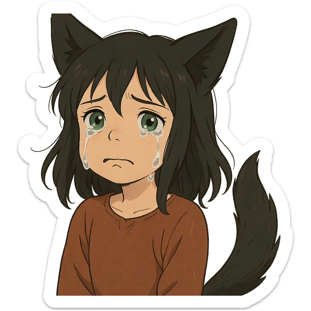 A girl with tears, black fox ears, and a tail, green eyes, dark hair sticker