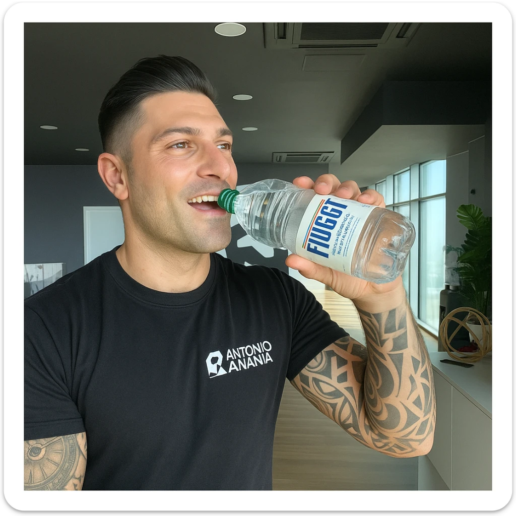 Realistic man drinking a bottle of Fiuggi water, inspired by the provided photo. The bottle must be clearly recognizable as Fiuggi water. Positive atmosphere, realistic style. sticker