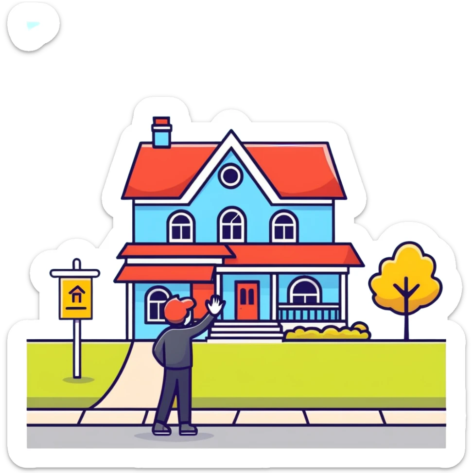 person waving in front of a house with a for sale sign sticker