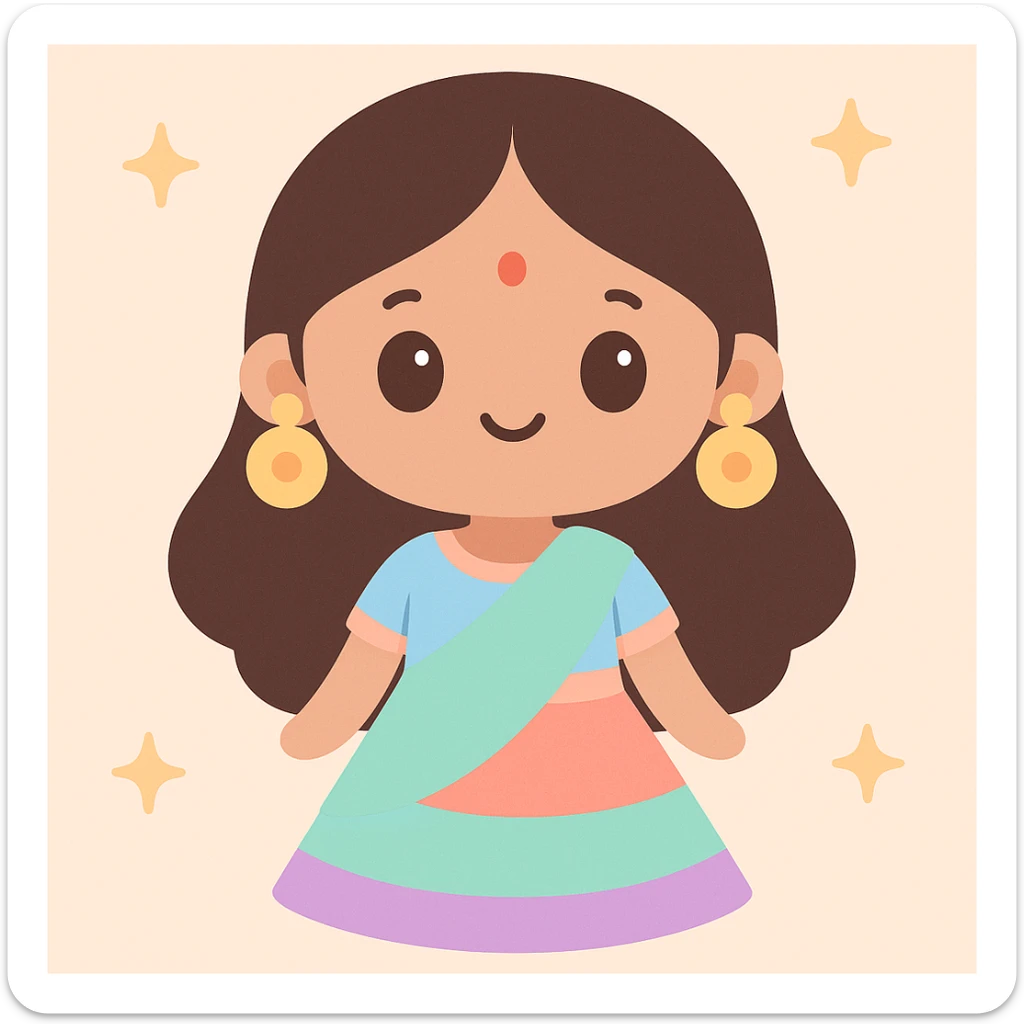 Indian girl with a bindi on her face, wearing a vibrant and festive lehenga, large earrings, colorful and joyful style sticker