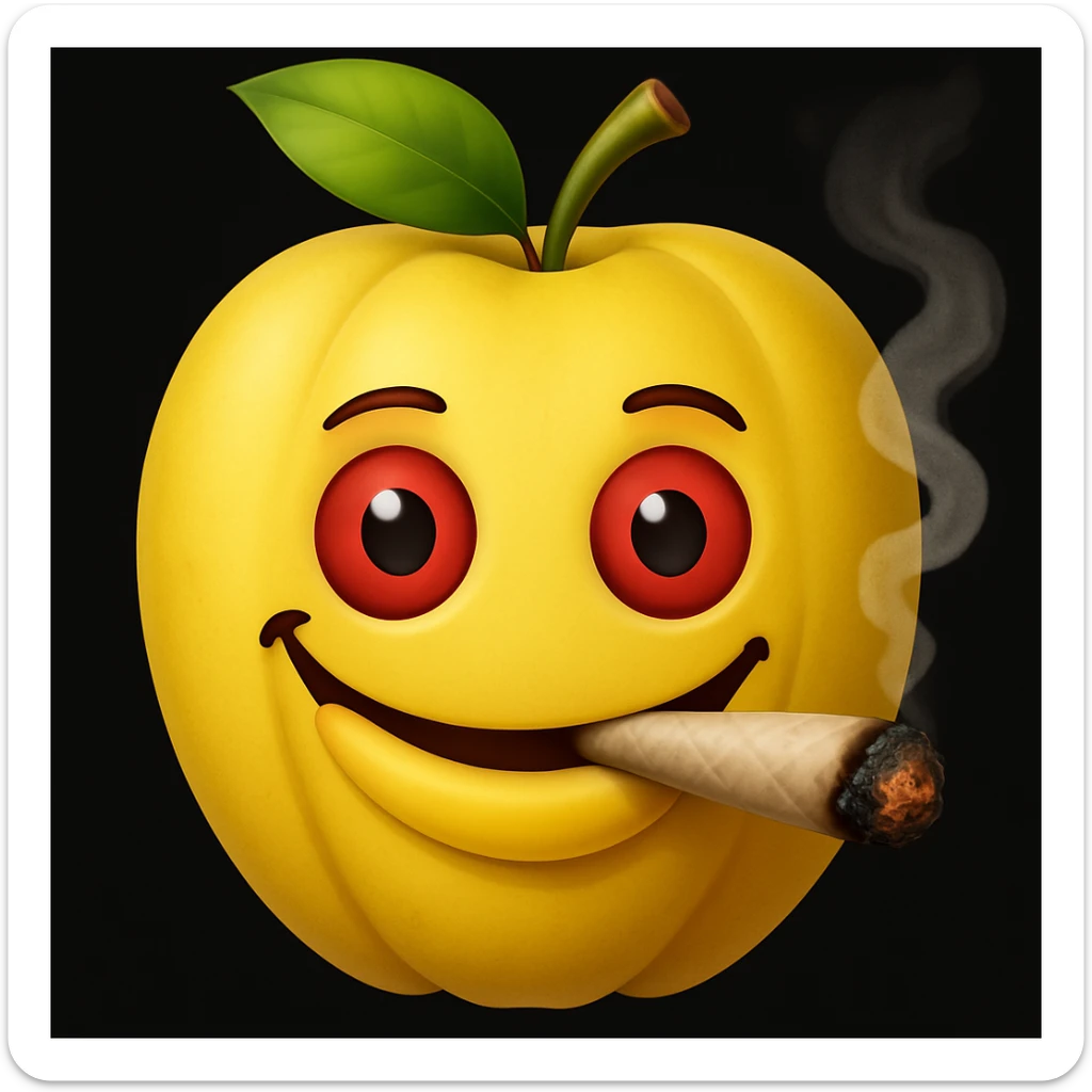 Add a cartoon joint with smoke to the smiley face made of apples as eyes and a banana as the mouth. Make it look like the face is smoking weed, keep the emoji style. sticker