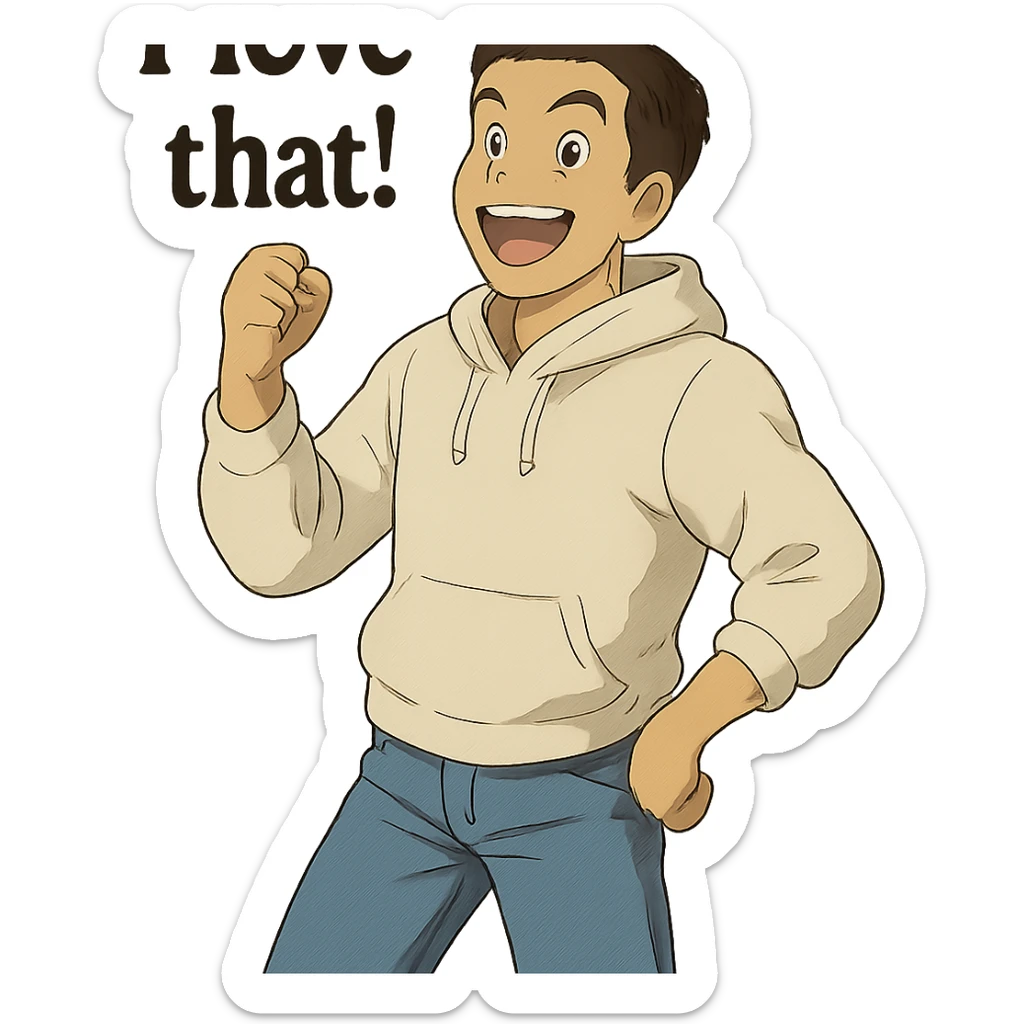 1 male, mid fade haircut dark chestnut brown hair, lighter tan skin, white athletic hoodie sleeves up, faded fashion jeans, red fashion-sneakers shoes, pose from my hero academia:  A portrait showing him saying : "I love that!" sticker
