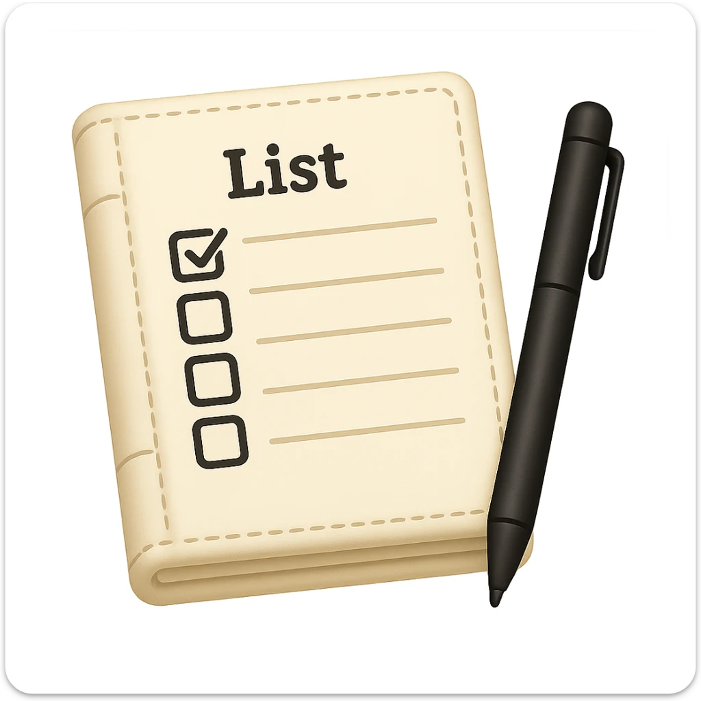 emoji of white leather notebook with some list on it and a black pen nearby sticker
