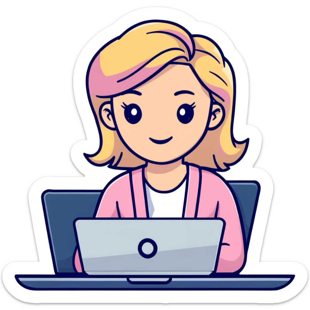 blonde woman in a pink cardigan working on a laptop sticker