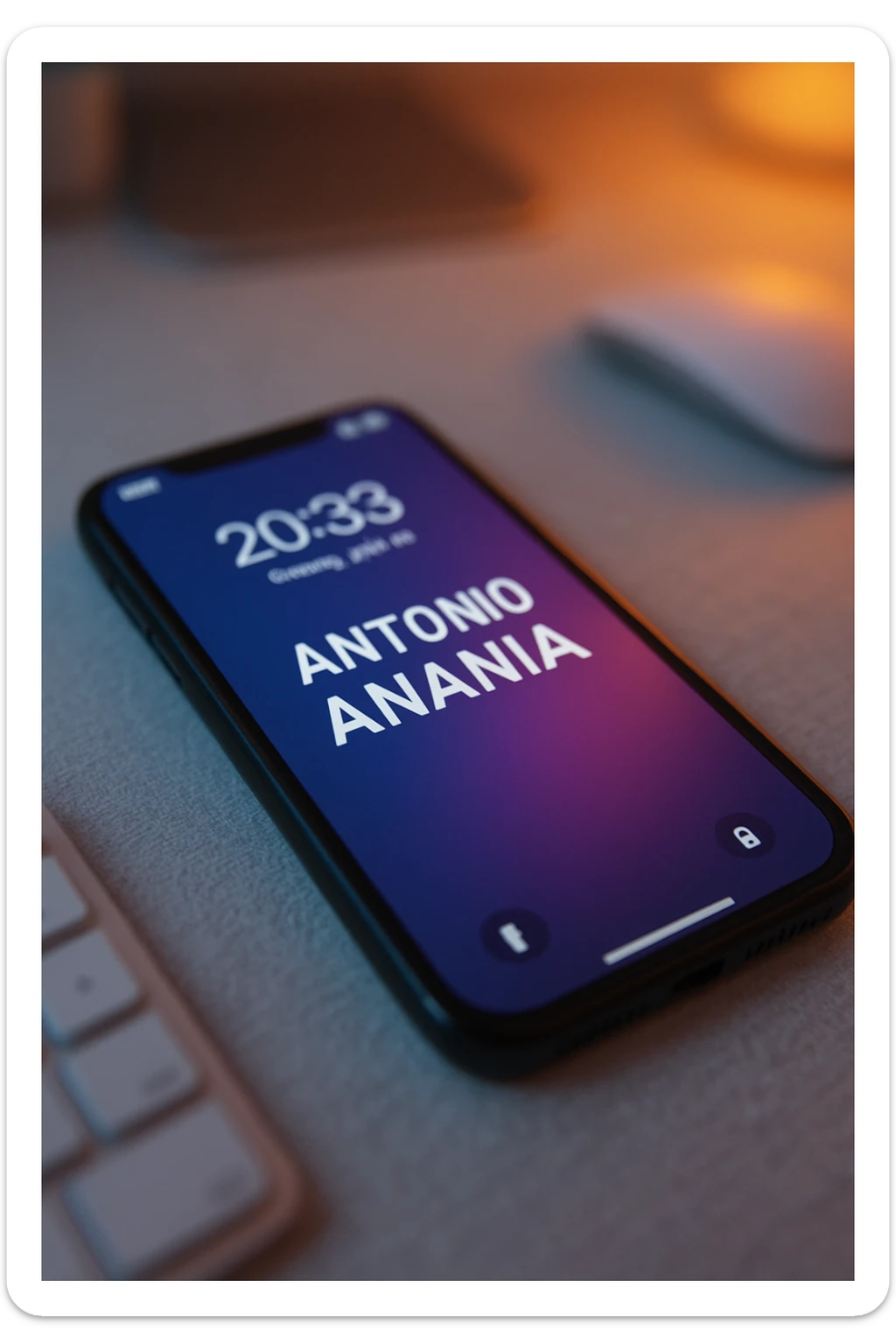 A photo of an iPhone on the desk with the message "Antonio Anania" on its screen, The phone sits atop a desk with a blurred background that suggests work environment. A faint glow from above casts gentle shadows across the surface of each object, creating depth and highlighting their textures sticker