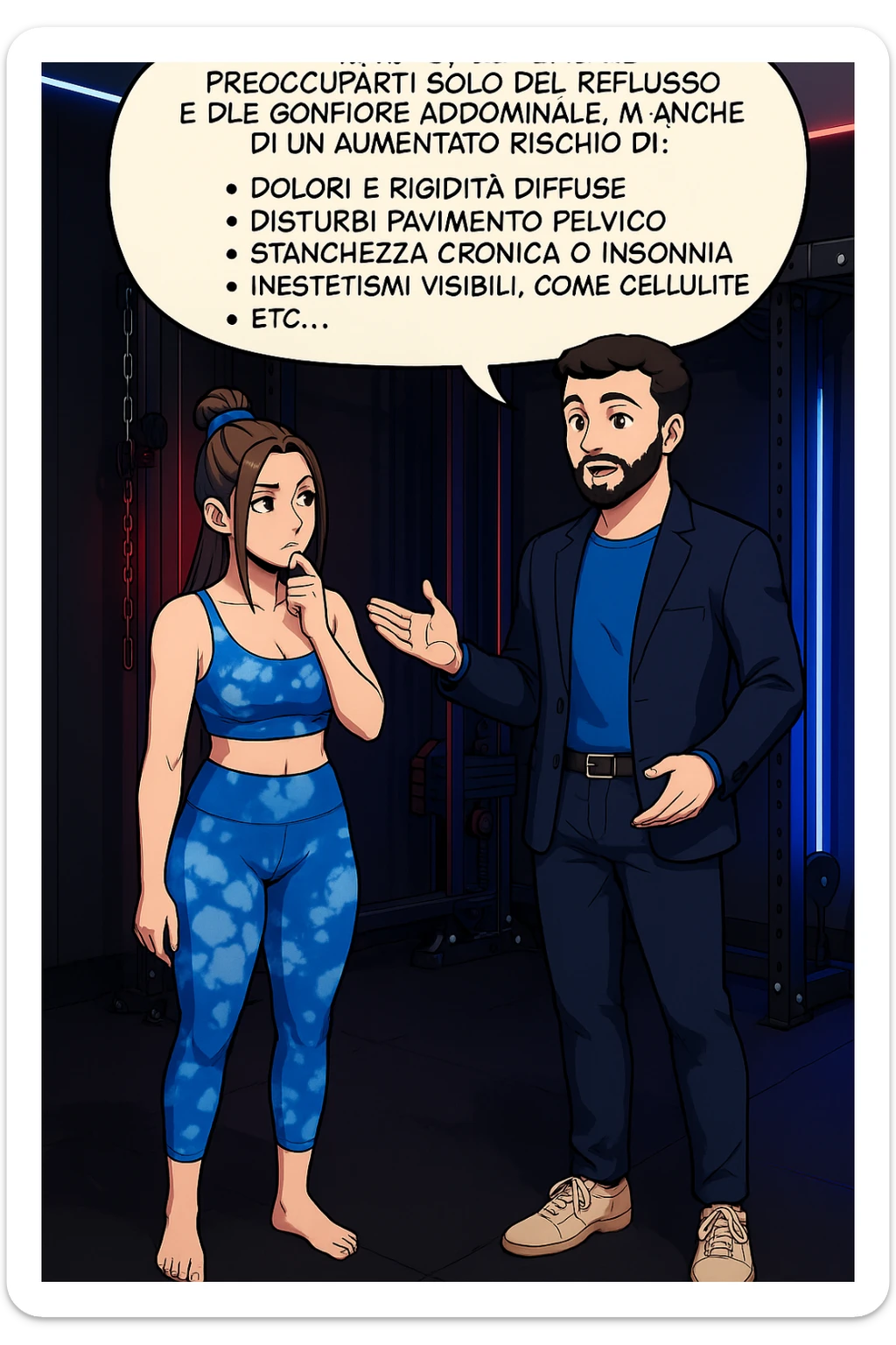 TRASFORMA QUESTO CAROSELLO IN UN FUMETTO STILE WEBTOON/MANGA A COLORI CON QUESTE DUE PERSONE IDENTICHE CHE INTERLOQUISCONO TRA LORO, L'uomo sta spiegando alla donna questo concetto MENTRE LA DONNA SI TIENE L'INDICE SUL MENTO ASCOLTANDOLO PENSIEROSA:

Se hai un problema di baricentro, inoltre, non dovresti preoccuparti solo del reflusso e del gonfiore addominale, ma anche di un aumentato rischio di:
    • dolori e rigidità diffuse
    • disturbi pavimento pelvico
    • stanchezza cronica o insonnia
    • inestetismi visibili, come celluluite
    • etc… sticker