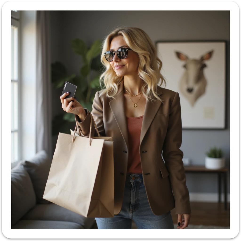 a stylish blonde woman with a shopping bag and credit card, photorealistic style, urban apartment sticker