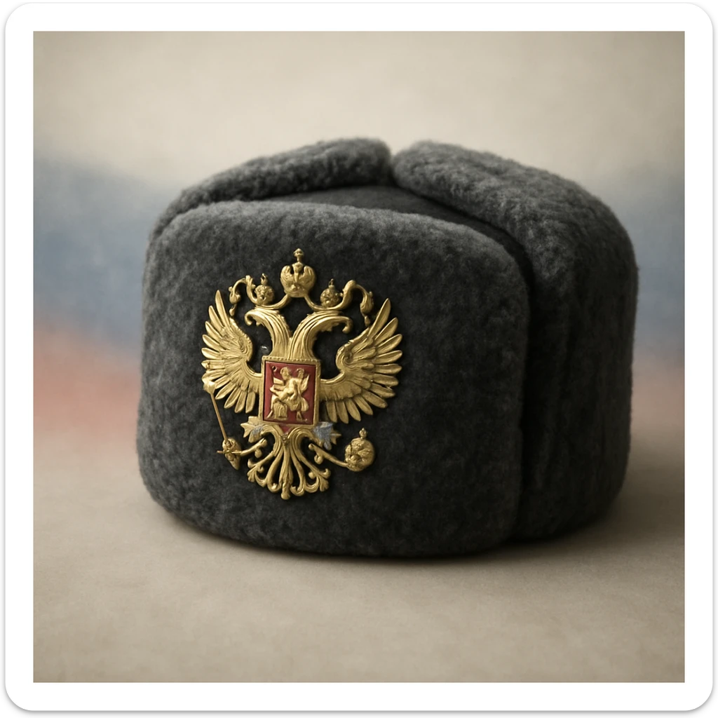Russian hat ushank with the coat of arms of Russia, with background sticker