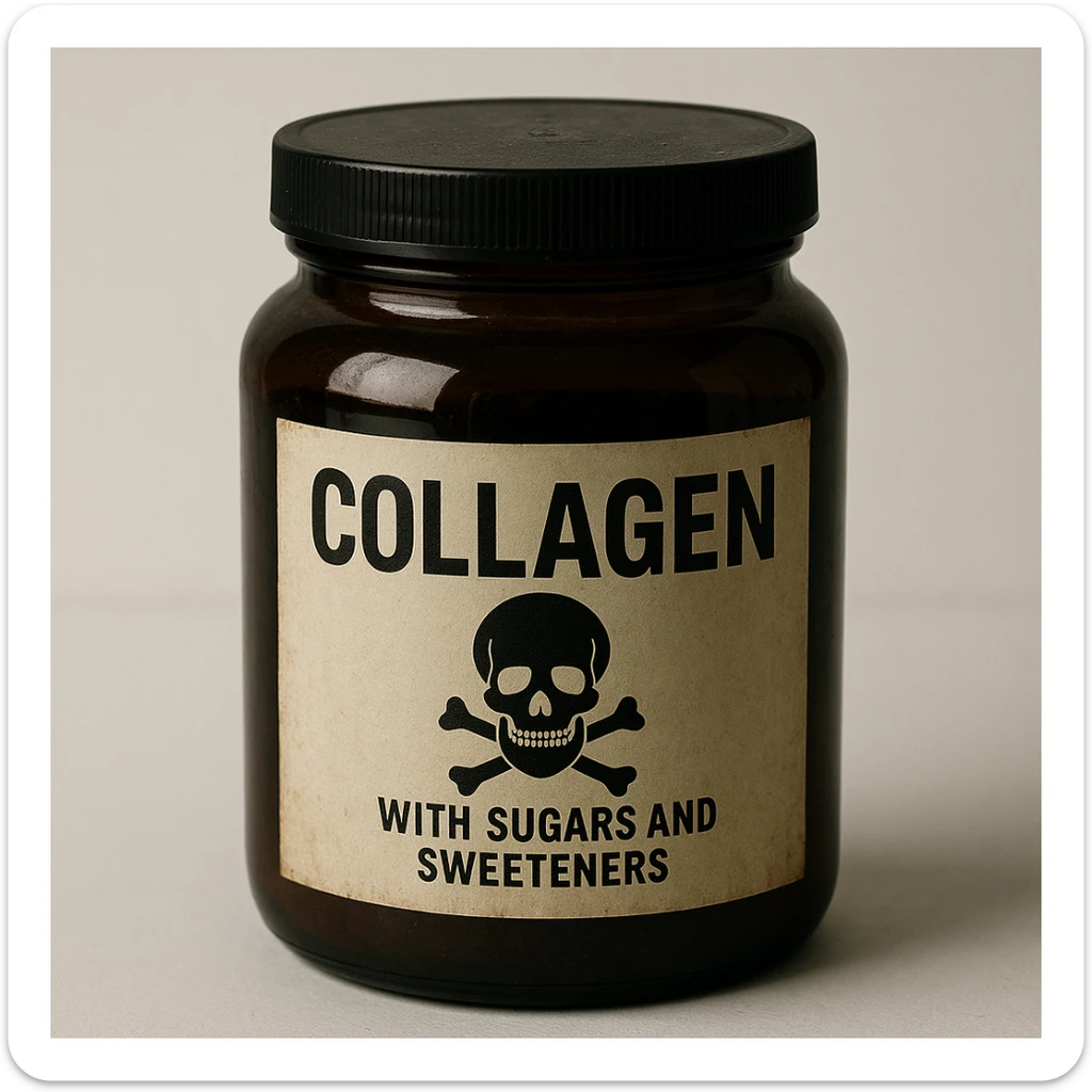 realistic collagen jar with label indicating presence of sugars and sweeteners, poison or danger symbol, dark atmosphere, realistic details, white background sticker