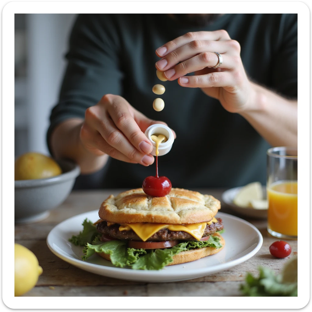realistic image of a man or woman adding a dietary supplement on top of a healthy meal like a cherry on a cake, positive atmosphere, creative details, home environment sticker