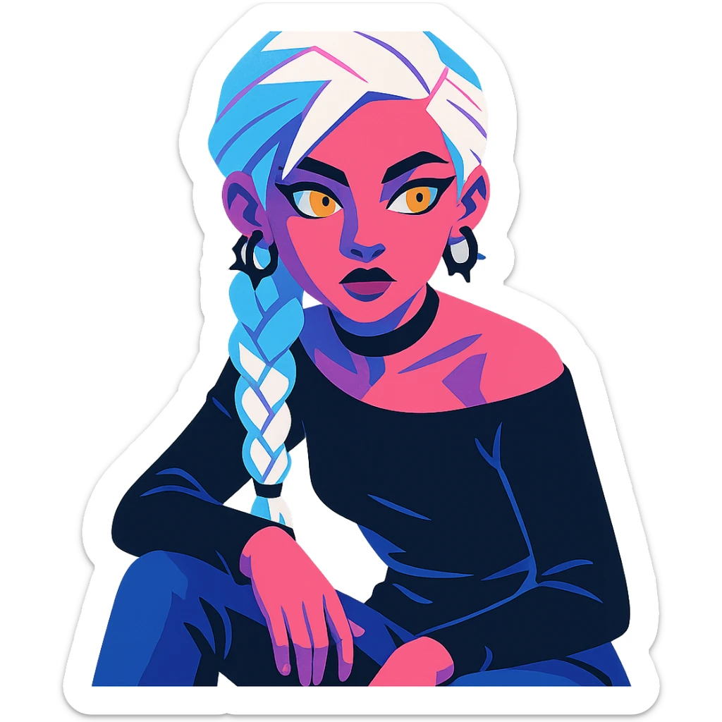 closeup portrait of young woman with gold yellow eyes, white hair in a long braid, black off-shoulder top, punk gothic style, futuristic cyberwave, sitting position sticker