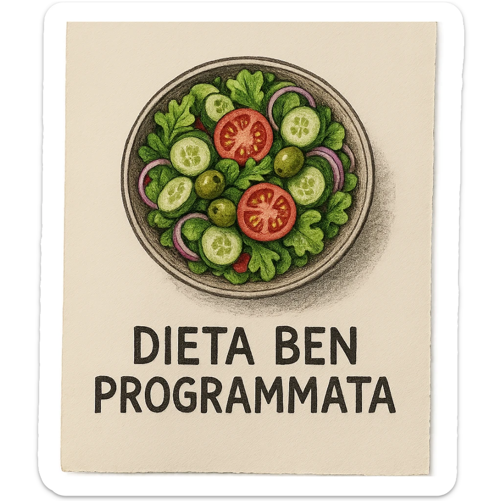 hyperrealistic 4K image of a sheet of paper seen from above with a bowl of salad drawn and the text 'DIETA BEN PROGRAMMATA', variation 7, no background sticker