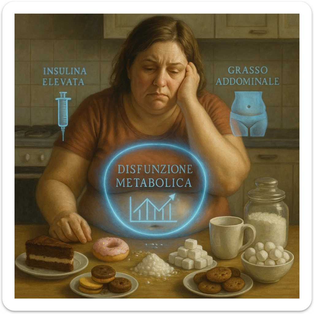 realistic surreal symbolism; woman late 30s, slightly overweight, sitting tired at kitchen table with sweets and sugars in front; frustrated expression; blue halo around abdomen (metabolic dysfunction); transparent icons: high insulin, high blood sugar (graph with upward arrows), fat on belly and hips; writings in Italian sticker