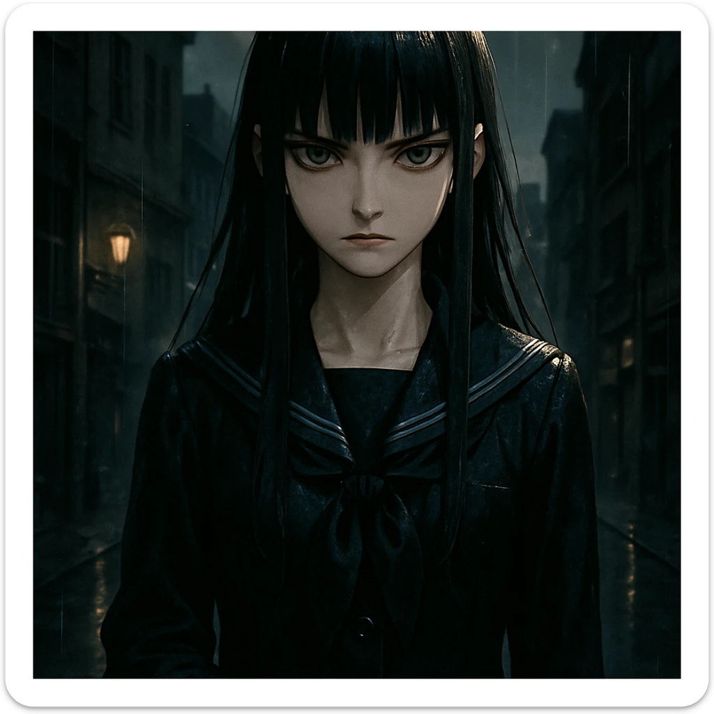 ultra-detailed anime girl with long straight black hair, sharp bangs, pale skin, amber green eyes, cold intense gaze, standing in the rain, cinematic lighting, wet dark school uniform, gloves, noir urban background, moody anime style, gothic shoujo, dramatic shadows sticker