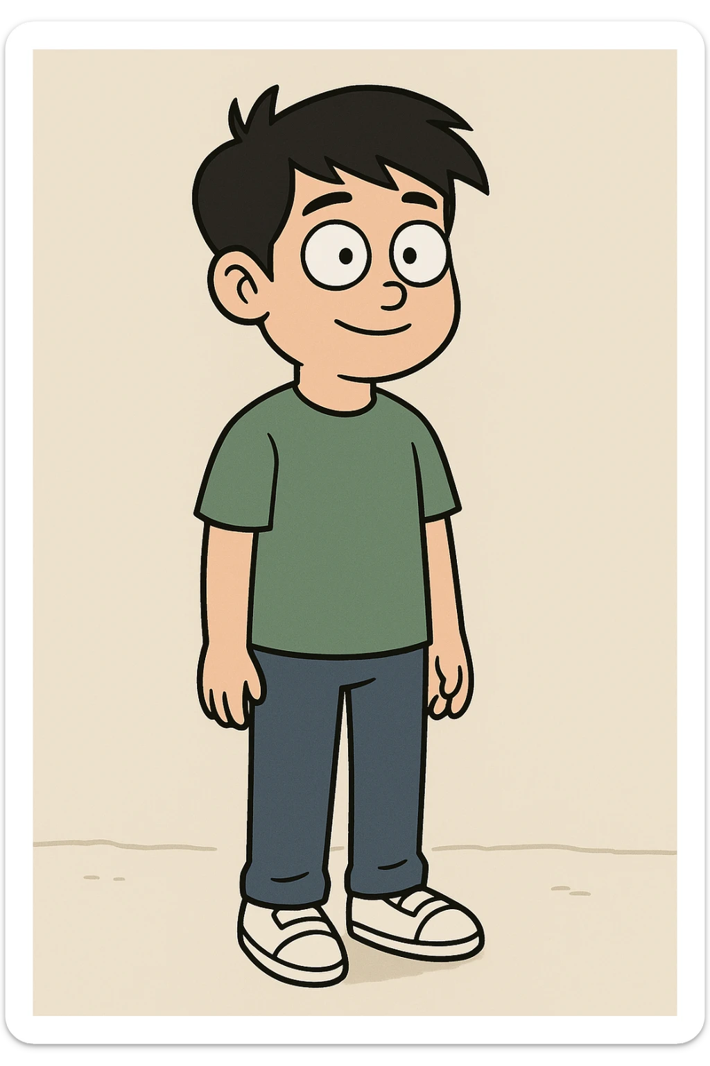 Chinese boy black hair green t-shirts dark blue jeans white shoes  sticker