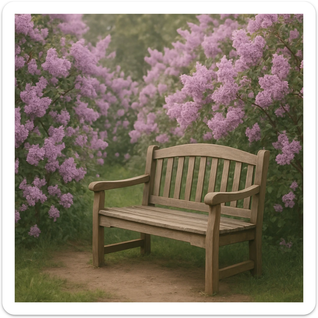 A wooden bench surrounded by blooming lilac flowers, springtime, gentle atmosphere, no people, focus on flowers and bench sticker