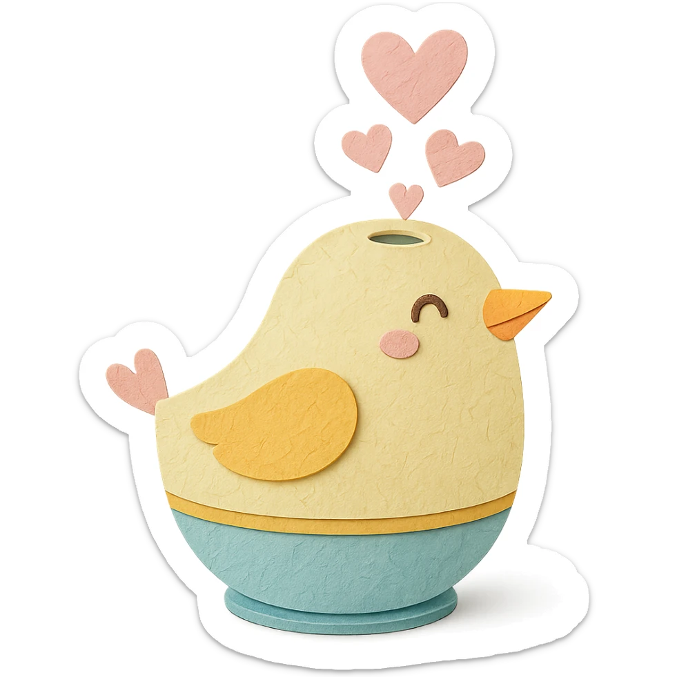 cute bird-shaped humidifier releasing heart-shaped mist, gentle smile, soft pastel colors, full-body sticker