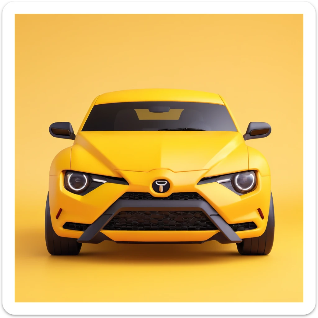 3D rendered emoji of a Transformers Bumblebee character's face, designed to resemble the front of a Toyota GR86, with the surface texture of a yuzu fruit, yellow background with a black border and rounded corners sticker