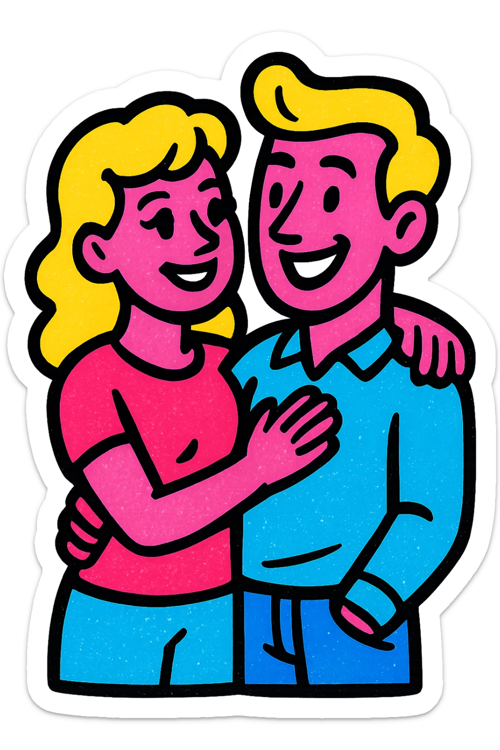 modern couple, two white people, male and female, vibrant pop art style sticker