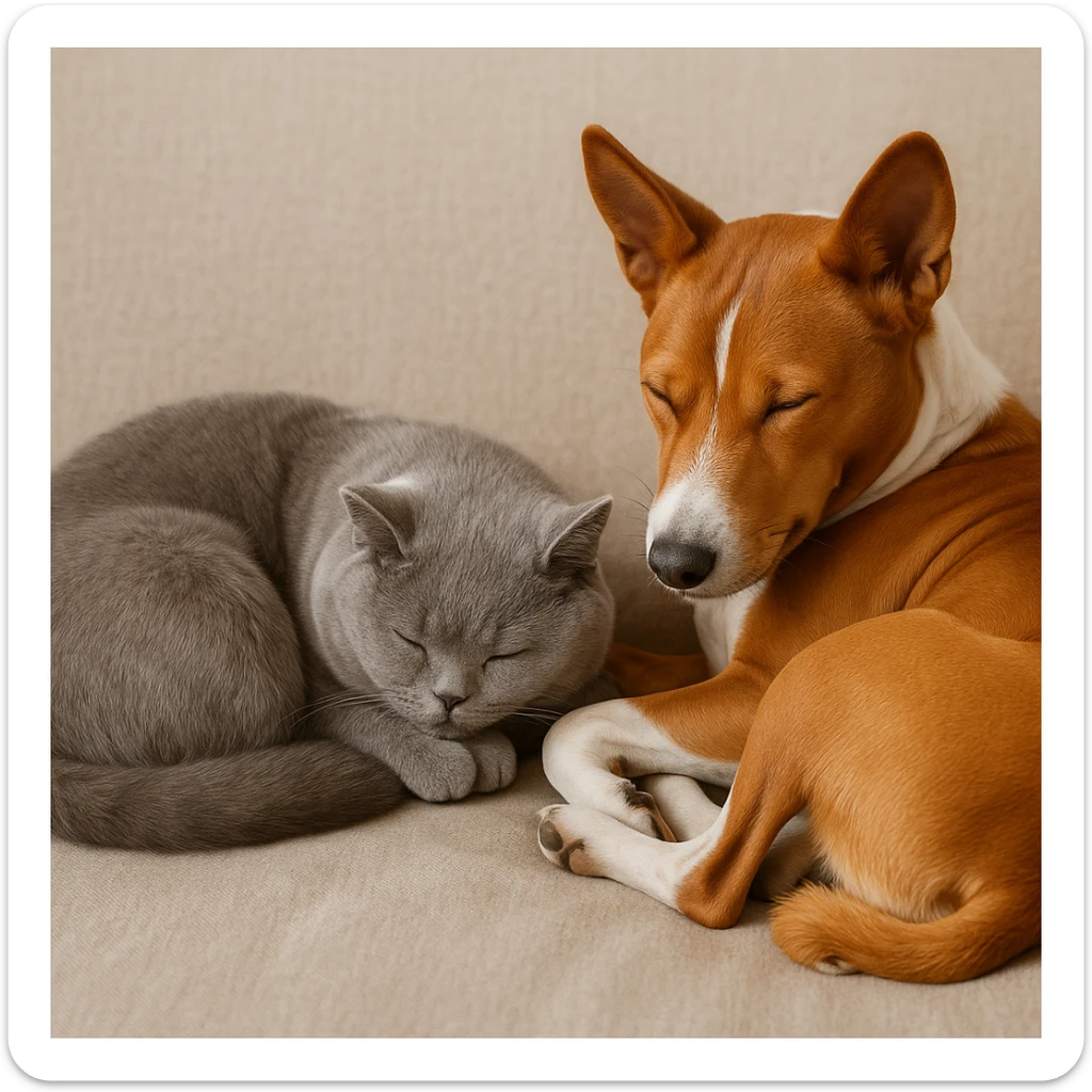 A gray British Shorthair cat curled up and sleeping next to a red Basenji dog sticker