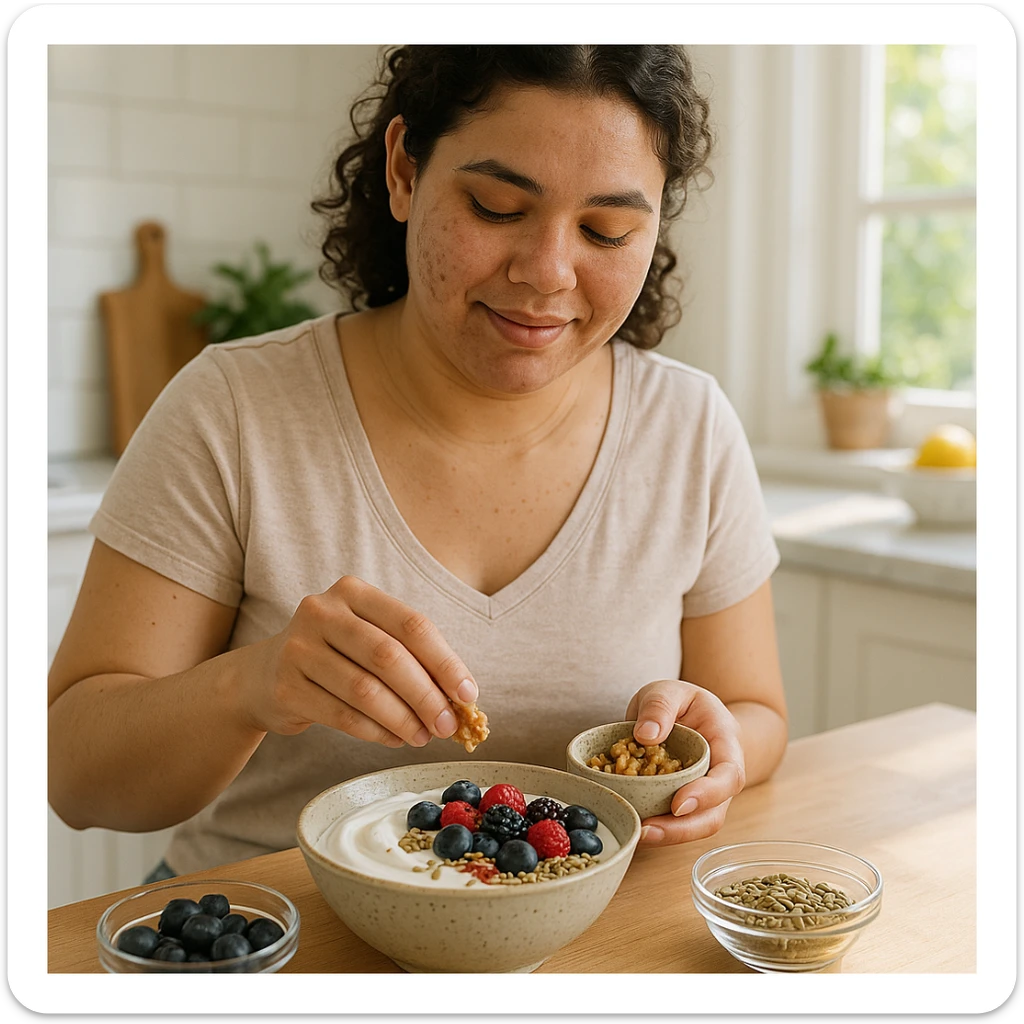young woman with PCOS preparing a healthy breakfast: bowl of Greek yogurt, berries, nuts, and seeds, morning atmosphere, realistic details, bright kitchen background sticker