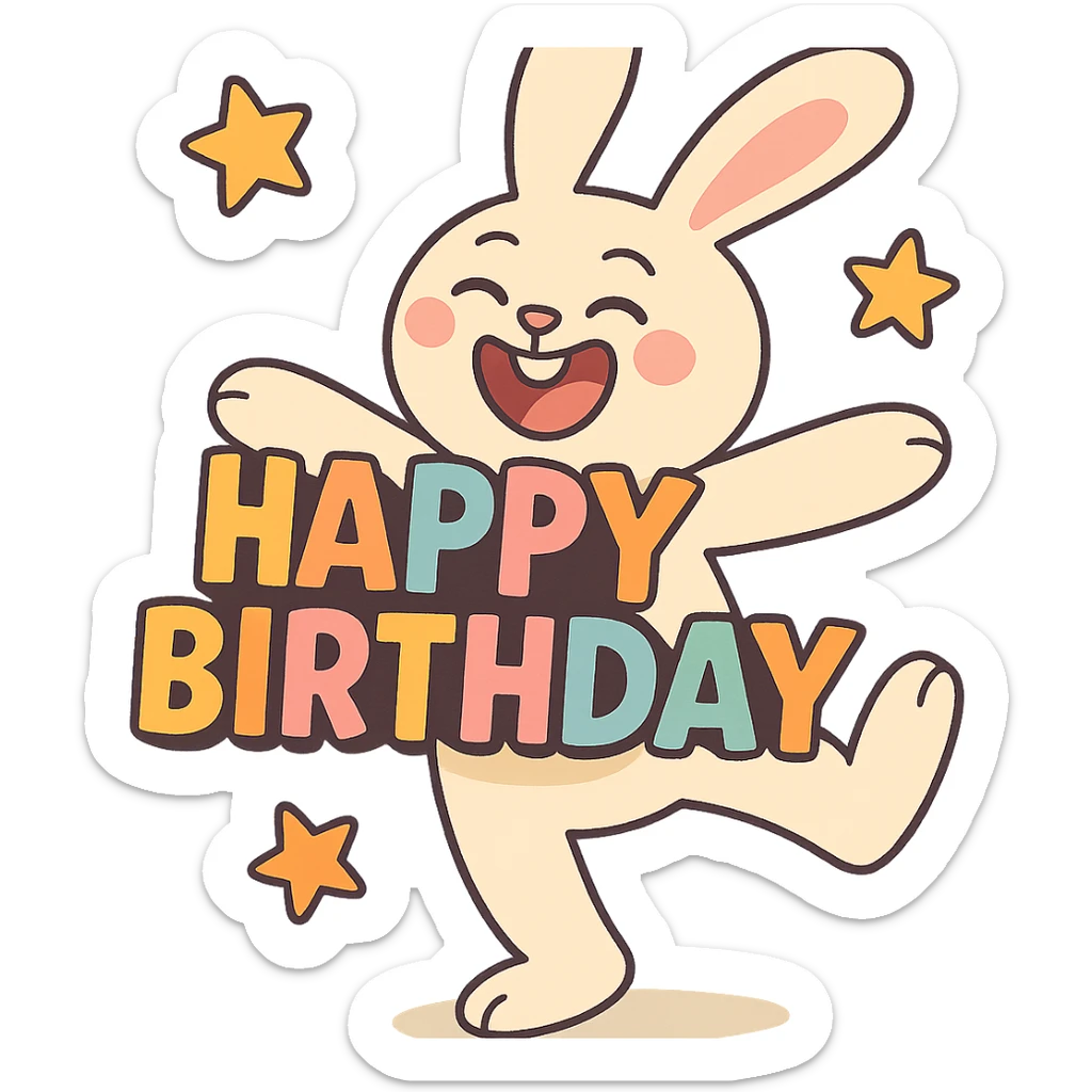 laughing bunny hugging 'Happy Birthday' letters with stars, full body, pastel-toon style sticker