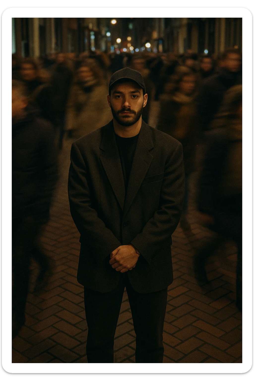 overhead shot of me standing still on a brick city sidewalk, wearing a dark oversized blazer,
motion-blurred crowd rushes past around me. Moody lighting, 35mm film look, shallow depth of field, sharp focus on me. sticker