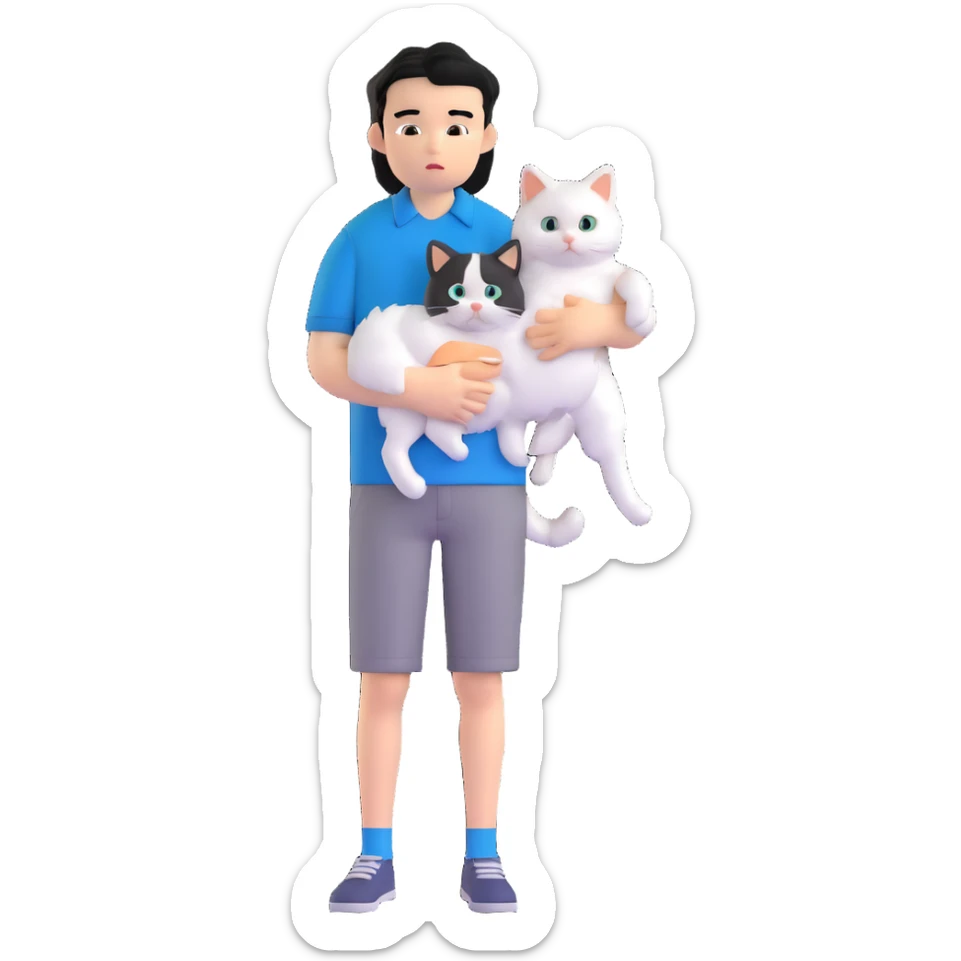 teenage boy with black hair wearing blue short sleeve shirt holding a white ragdoll cat sticker