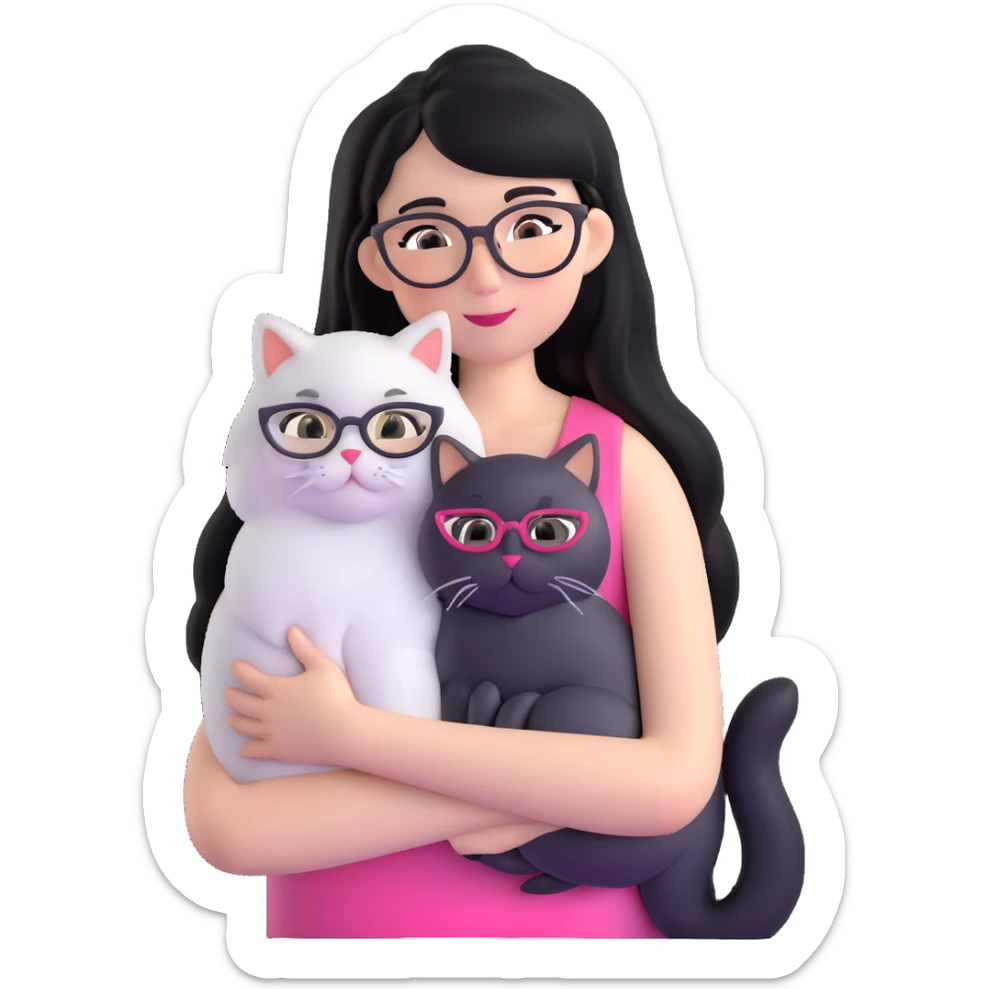 Skinny woman with oval glasses, long straight black hair, pink cheek blush, wearing white sleeveless top, hugging a grey Persian-Angora cat, plain background sticker