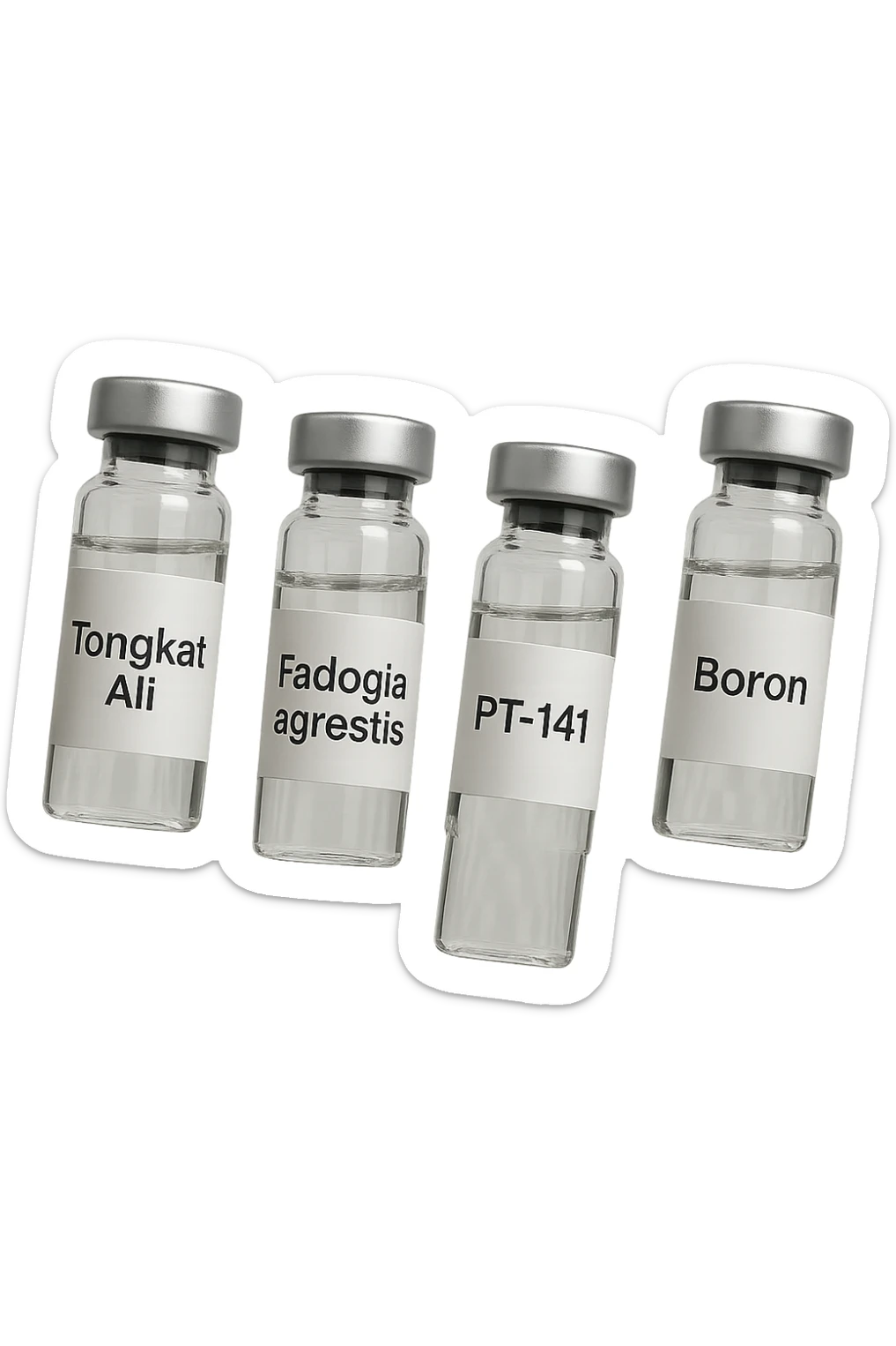 3 fiale mediche: Tongkat Ali, Fadogia Agrestis, PT-141, Boron e Zinco fluttuano in aria verticalmente sticker
