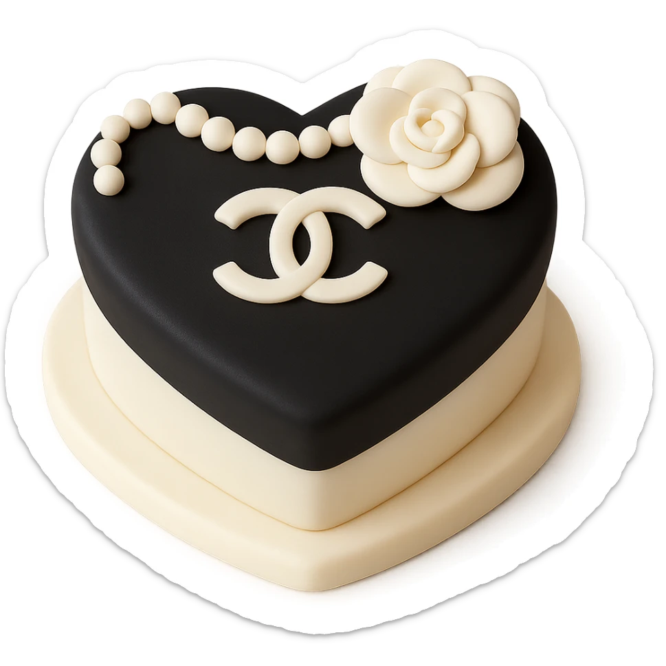 Chanel heart, sweet, black and white, with pearls and a camellia flower, fondant cake art style sticker