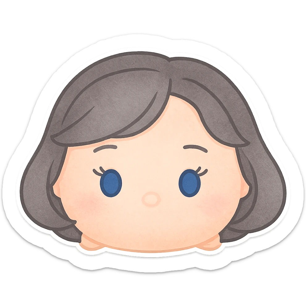 emoji of a female tsum tsum plush, blue eyes, grey 1940s bob hairstyle, no body, no mouth sticker