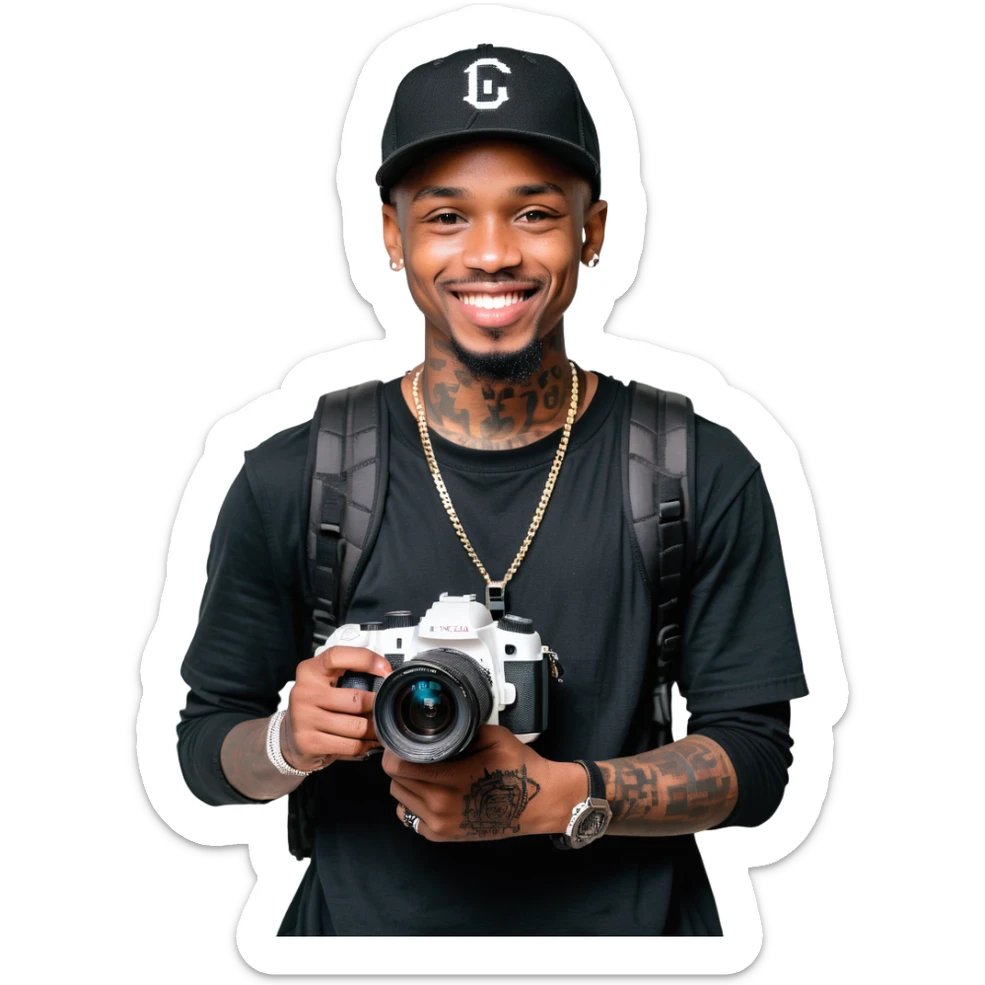 Young African cinematographer with tattoo-covered arms, wearing all black clothing and a baseball cap, holding a DSLR camera. Has dark brown eyes, a bright smile, and a small goatee. sticker