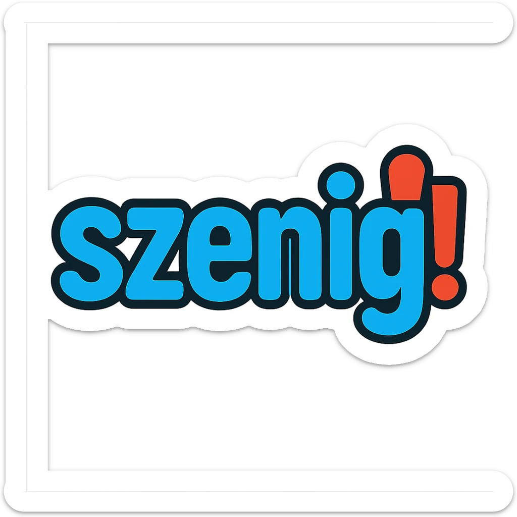 Text logo with the word 'szenig' in blue filling the entire area, and the exclamation mark at the end in strong red. Friendly, clear look with transparent background. sticker