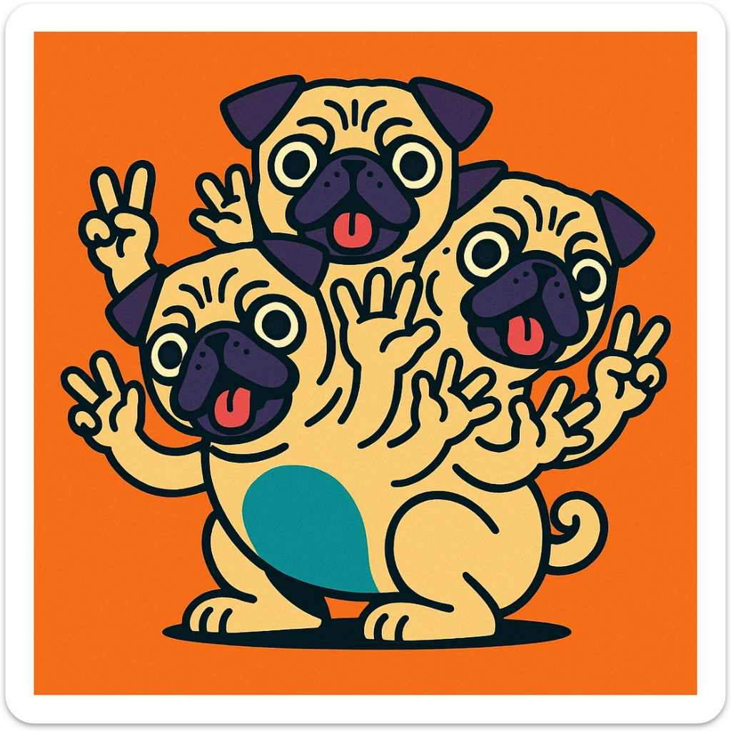 cartoon style fantasy pug with three heads, three arms per head, and a small notch in each ear sticker