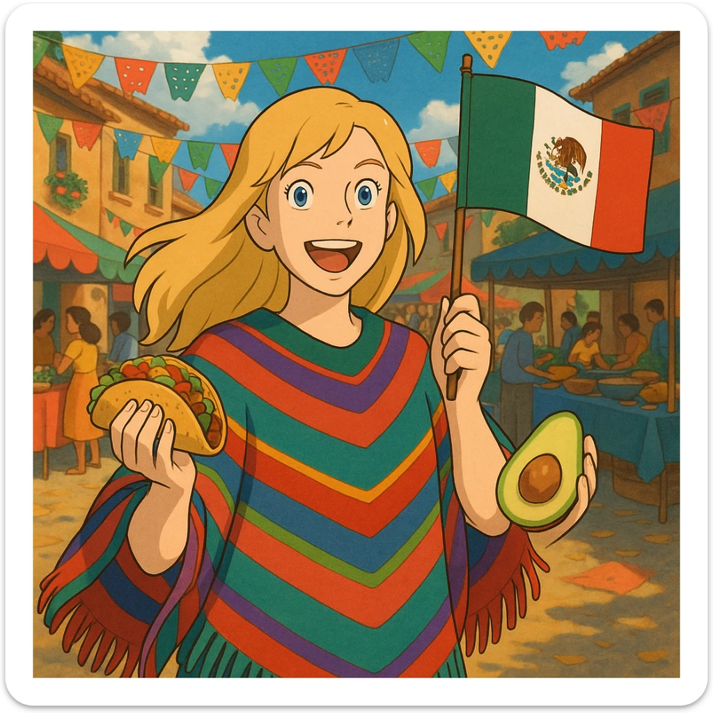 ghibli style cartoon of a tall blonde woman in a colorful poncho, smiling, holding a taco and avocado, waving a Mexico flag, festive street party background with food and decorations sticker