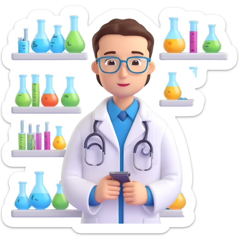 Close-up of a medical or clinical researcher in 3D emoji style, wearing a lab coat and a thoughtful expression, with a laboratory background featuring shelves with glassware, microscopes, or scientific posters. Maintain the same 3D emoji style as the reference image. sticker