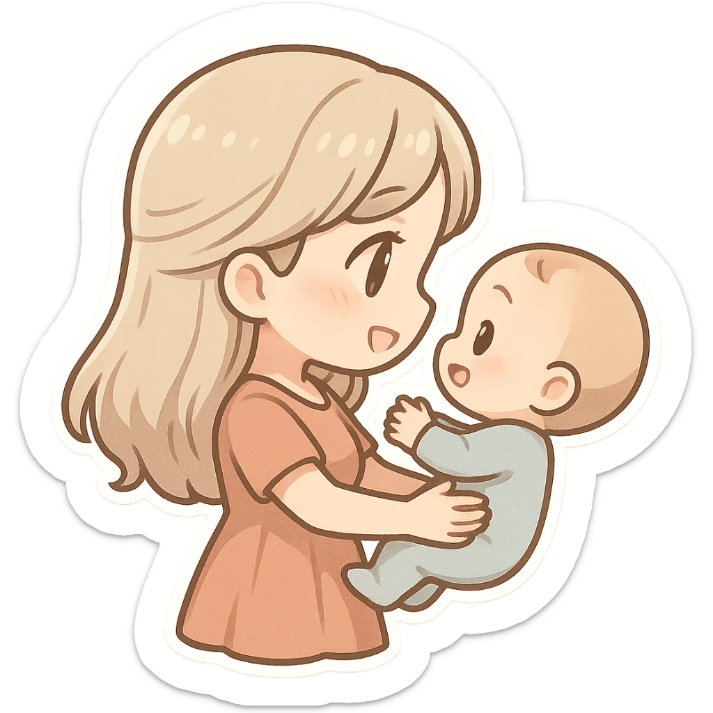 adult woman with long light hair holding a baby in her arms, they look at each other and smile, side view, chibi stickers style, thin clean outlines, soft rounded shapes, pastel palette, detailed shadows and highlights, soft lighting sticker