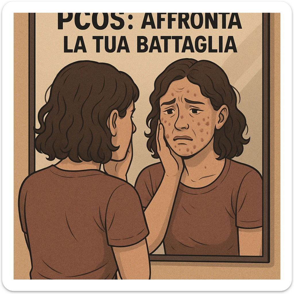 symbolic scene: woman with PCOS in front of mirror, looking at herself with expression of distress, reflection showing her suffering, Italian text: 'PCOS: affronta la tua battaglia', 4K quality sticker