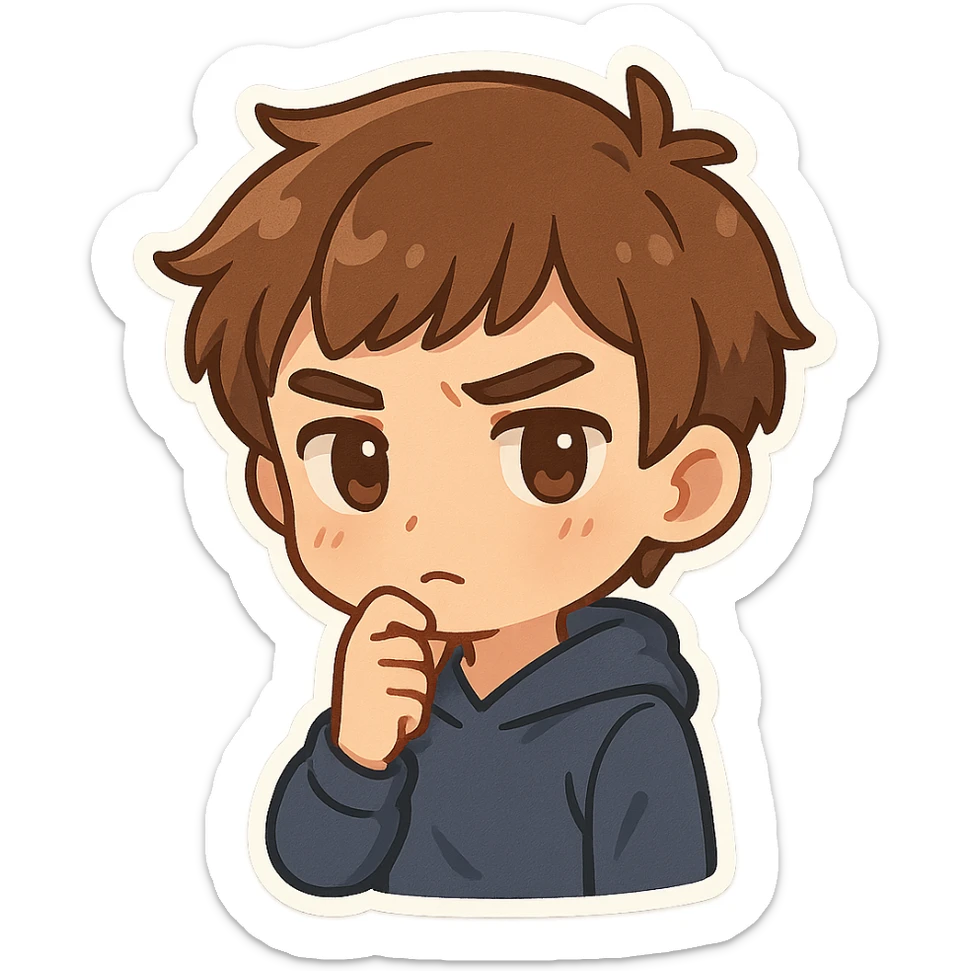 adolescente chibi castaño, tez blanca, con mano en la barbilla y mirada analítica sticker
