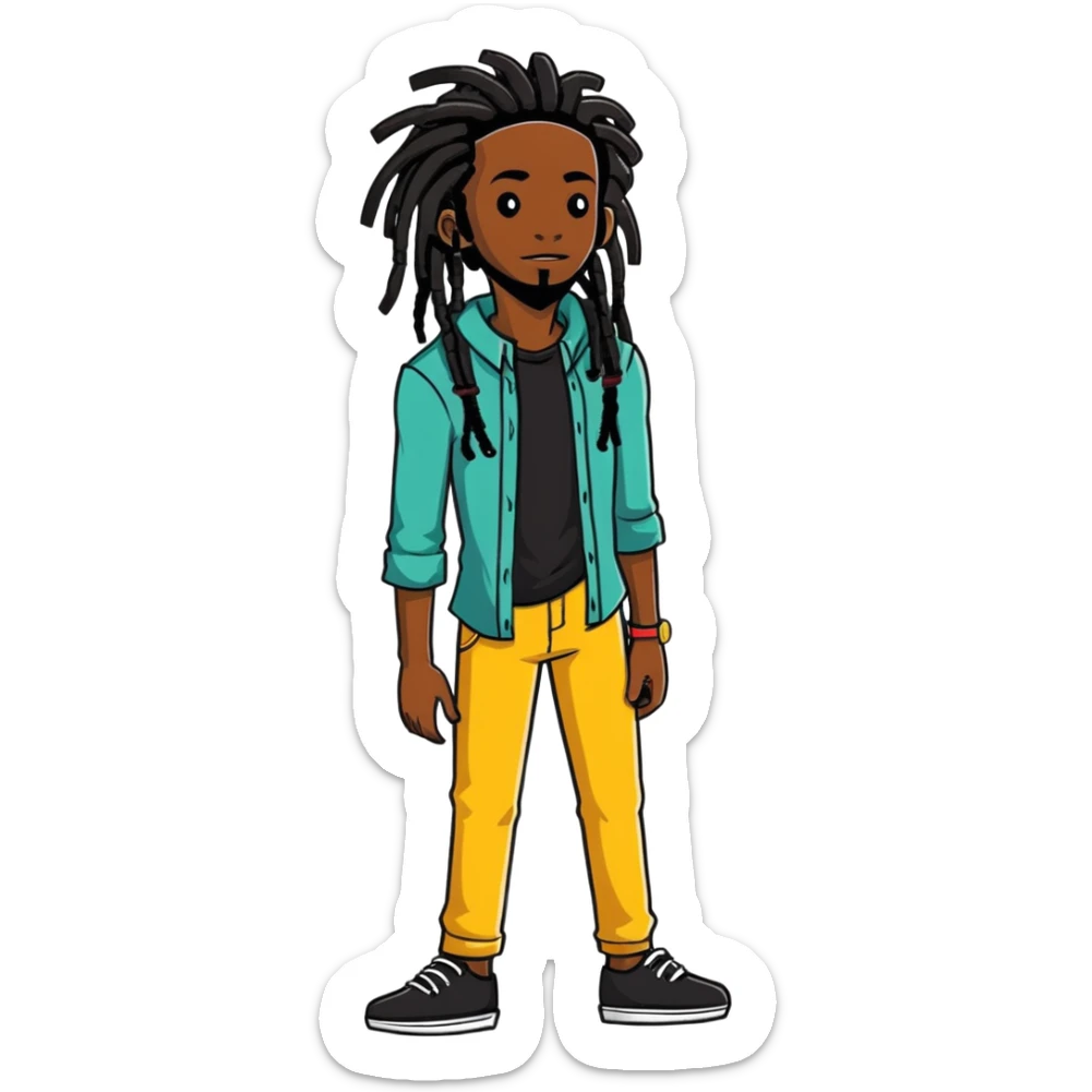 full body very skinny African American male figure standing wearing clothes with long dreadlocks sticker