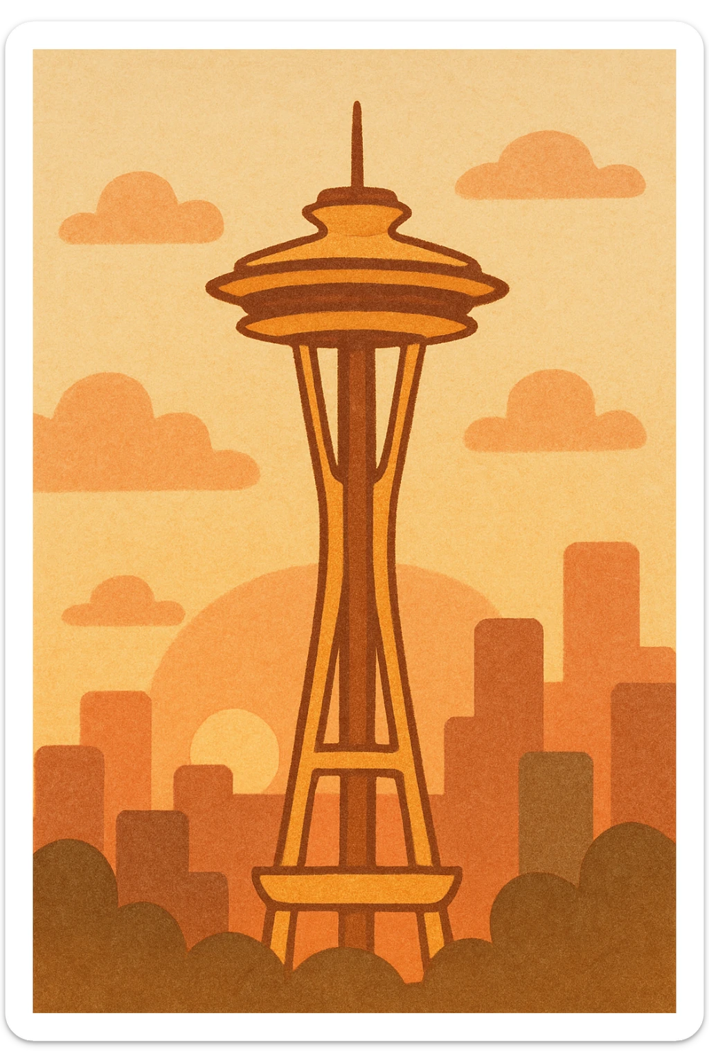 Space Needle with sunrise sky, orange and pink hues, city silhouette sticker