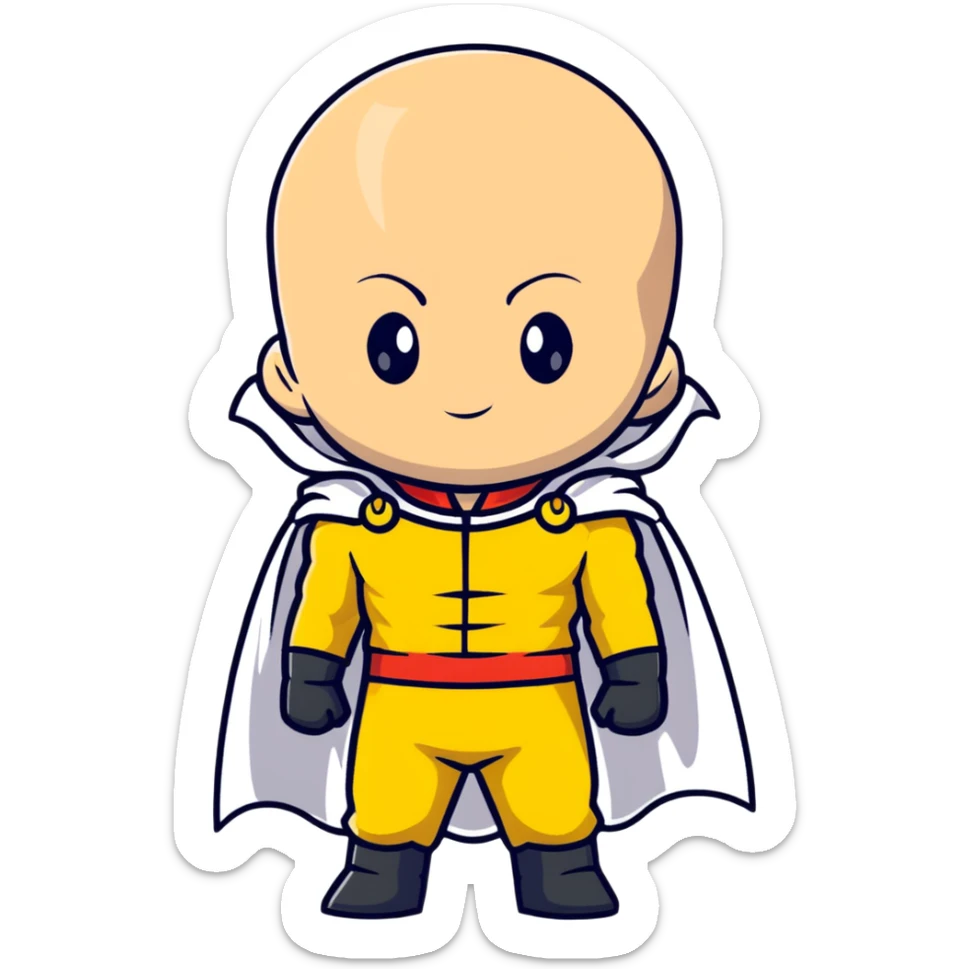 super cute chibi Saitama from One Punch Man with bald head, yellow jumpsuit, white cape and innocent face sticker