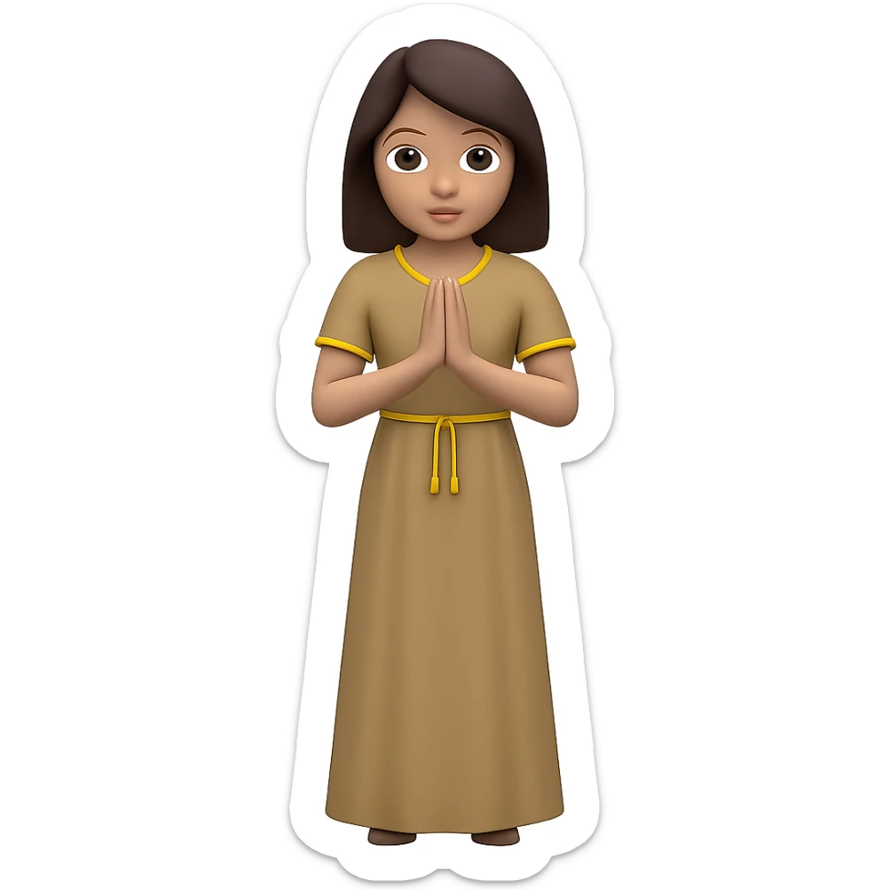 Show the woman standing and praying from the front view, wearing a long tan dress, with dark brown hair, in emoji style. Remove the background. sticker