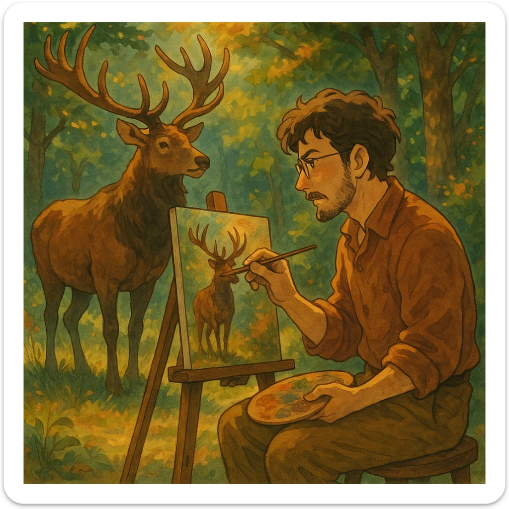 a man painting an elk, unique artistic style, detailed, expressive, warm colors sticker