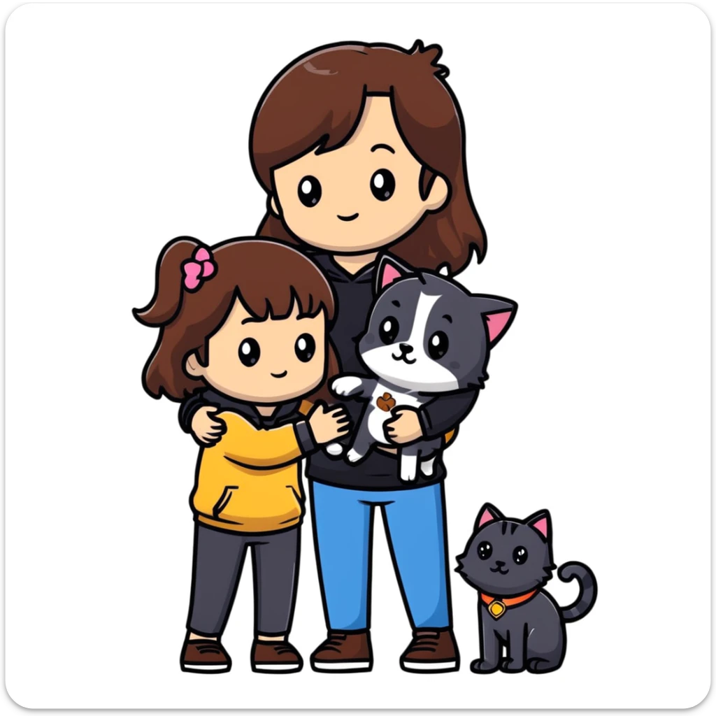 A girl with long brown hair holding the hand of a boy with black hair, both dressed in black, holding a cat and dog sticker