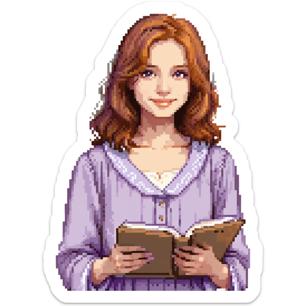 Calm female artist, Caucasian features, shoulder-length auburn hair, soft brown eyes, gentle smile, wearing a violet smock over a light beige top, holding a sketchbook close to chest, waist-up, front-facing sticker