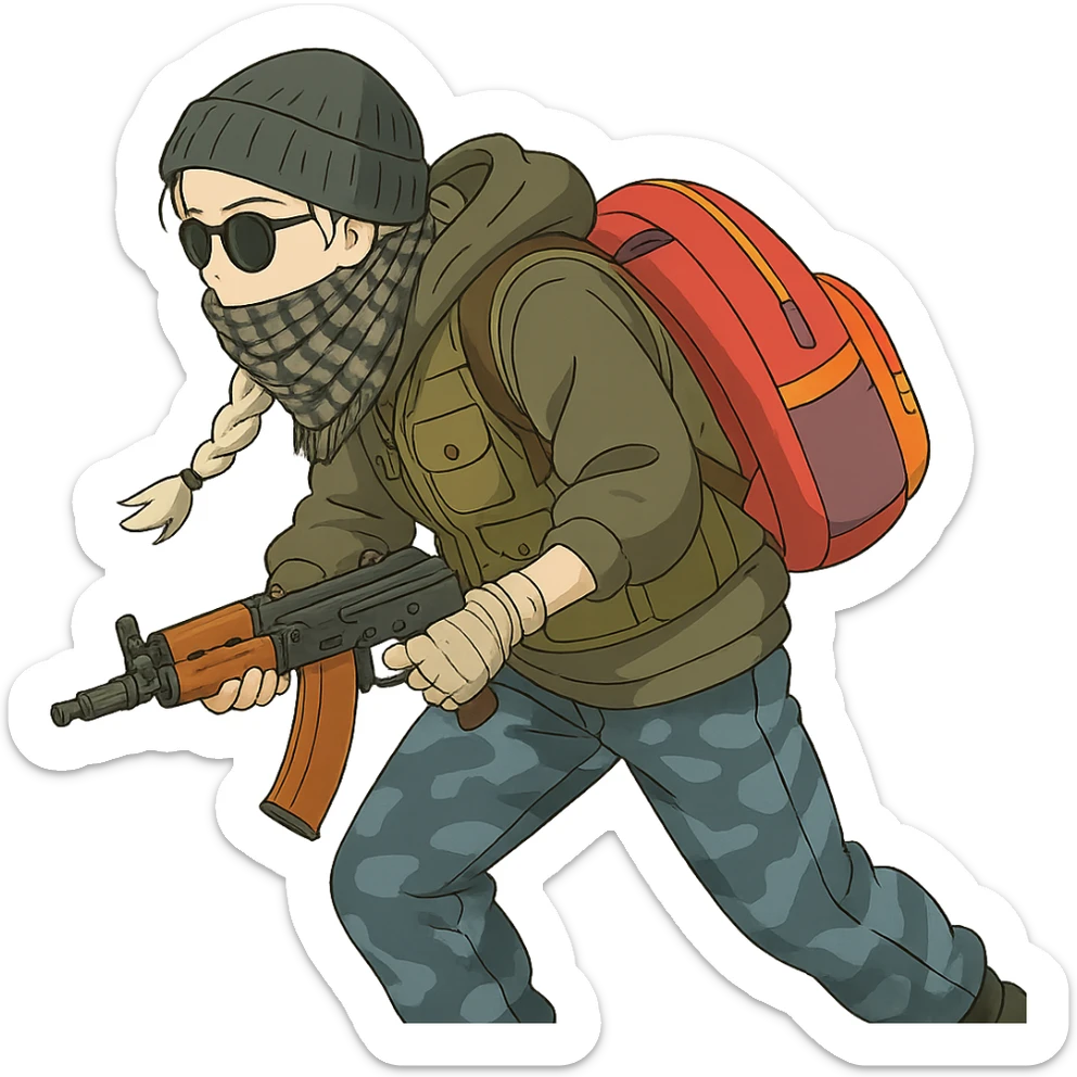1 female, long white braid, knit cap, dark sunglasses, shemegh neckwrap, fishing vest, vibrant shool backpack, drab hoodie, handwraps, blue camo pants, AKS-74U, hunched over, on the move sticker